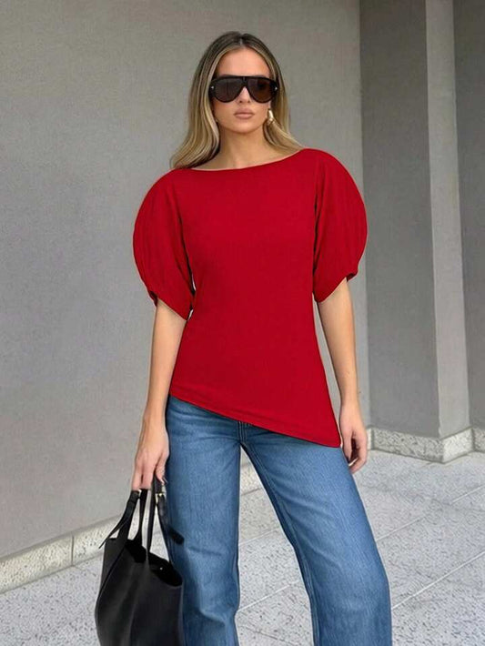 CM-TS951502 Women Elegant Seoul Style Round Neck Puff Sleeve Cinched Waist Top - Red