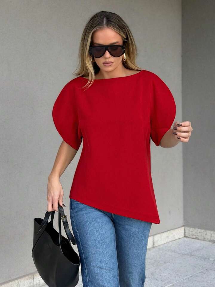 CM-TS951502 Women Elegant Seoul Style Round Neck Puff Sleeve Cinched Waist Top - Red