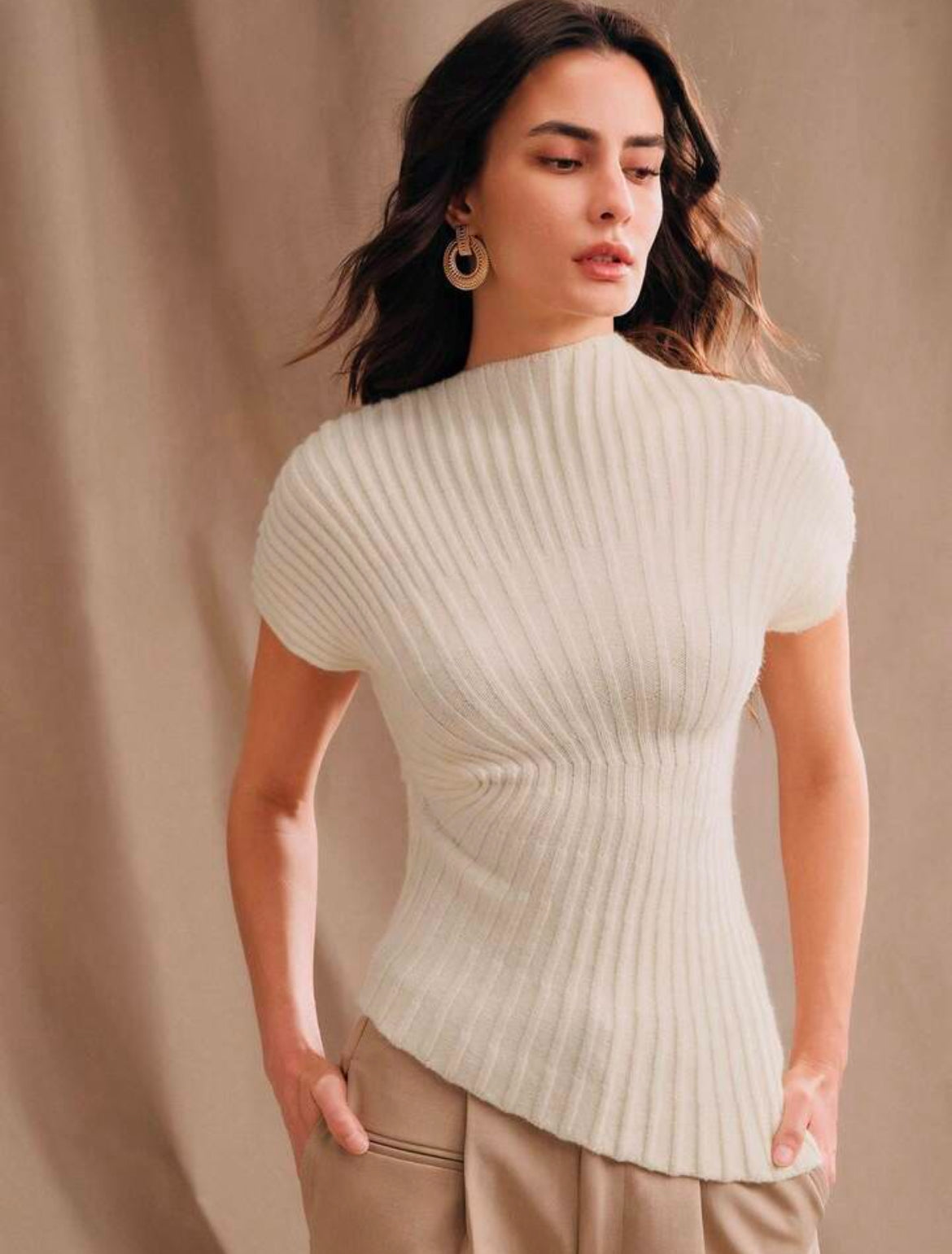 CM-TS033149 Women Elegant Seoul Style Stand Collar Short Sleeve Minimalist Knit Top - Apricot