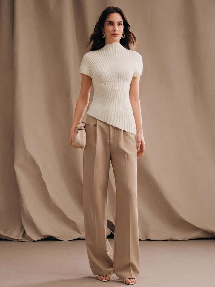 CM-TS033149 Women Elegant Seoul Style Stand Collar Short Sleeve Minimalist Knit Top - Apricot