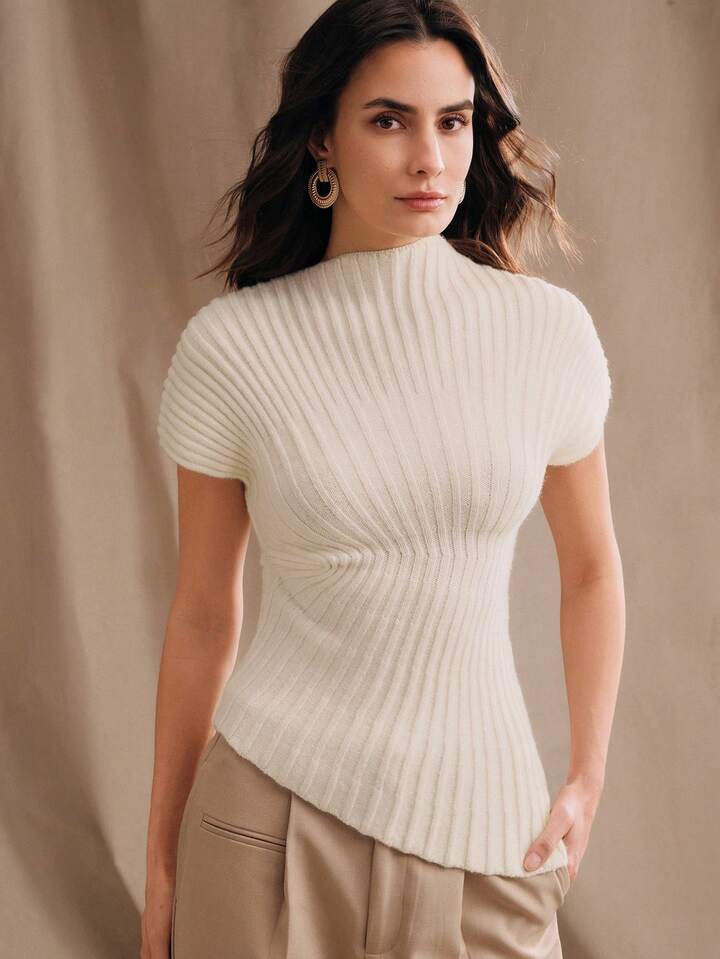 CM-TS033149 Women Elegant Seoul Style Stand Collar Short Sleeve Minimalist Knit Top - Apricot