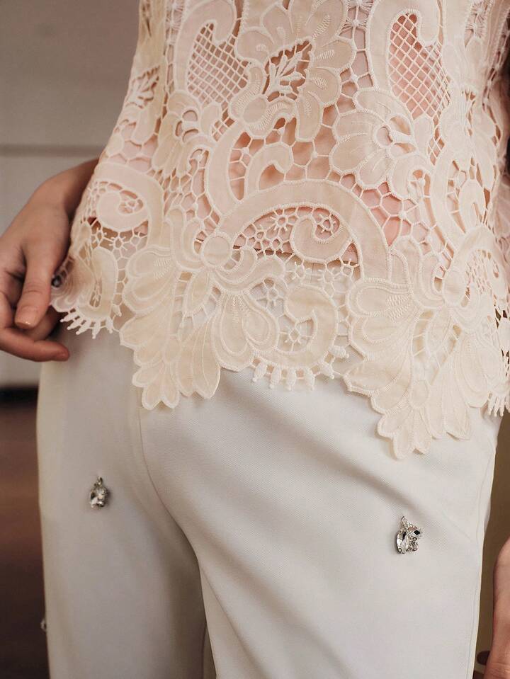 CM-TS921555 Women Elegant Seoul Style Round Neck Short Sleeve Embroidered Lace Top - Dusty Pink