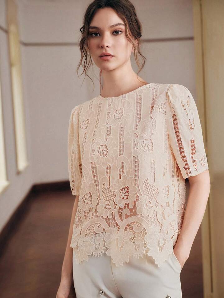CM-TS921555 Women Elegant Seoul Style Round Neck Short Sleeve Embroidered Lace Top - Dusty Pink