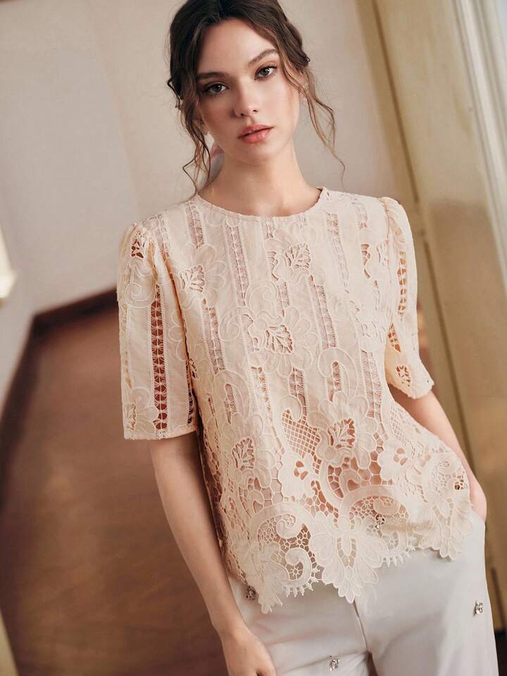 CM-TS921555 Women Elegant Seoul Style Round Neck Short Sleeve Embroidered Lace Top - Dusty Pink