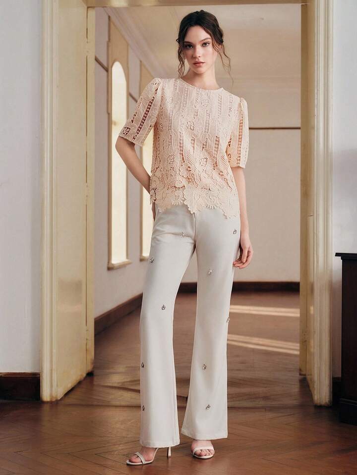 CM-TS921555 Women Elegant Seoul Style Round Neck Short Sleeve Embroidered Lace Top - Dusty Pink