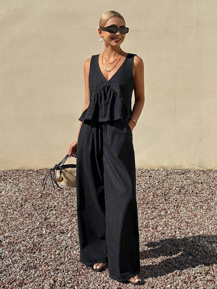 CM-SS681927 Women Casual Seoul Style V--Neck Sleeveless Denim Tank Top With Long Pants - Set