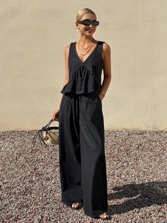 CM-SS681927 Women Casual Seoul Style V--Neck Sleeveless Denim Tank Top With Long Pants - Set