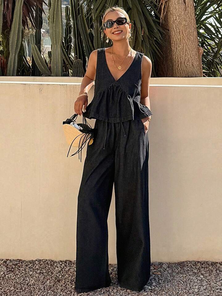 CM-SS681927 Women Casual Seoul Style V--Neck Sleeveless Denim Tank Top With Long Pants - Set