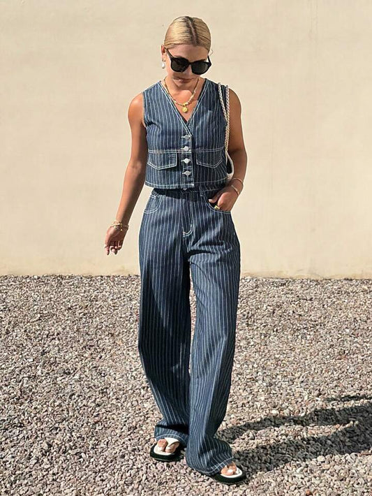 CM-SS585504 Women Casual SeouL Style Striped Sleeveless V-Neck Button Front Denim Vest With Pants - Set