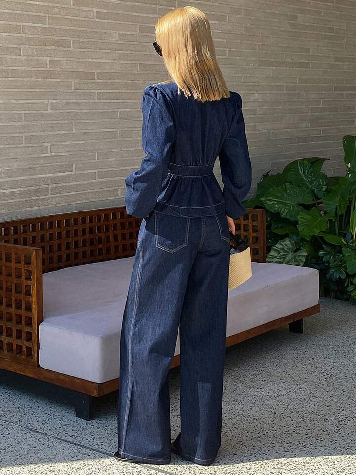 CM-SS213574 Women Elegant Seoul Style V-Neck Long Sleeve Denim Top With Flare Jeans - Set