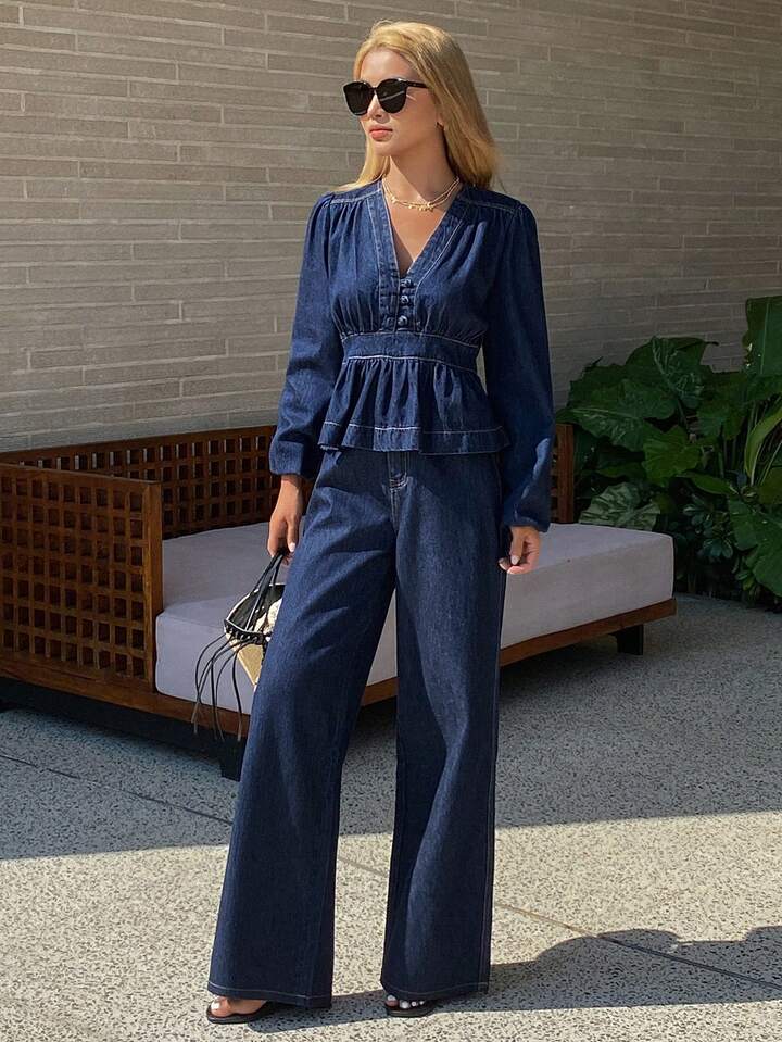 CM-SS213574 Women Elegant Seoul Style V-Neck Long Sleeve Denim Top With Flare Jeans - Set