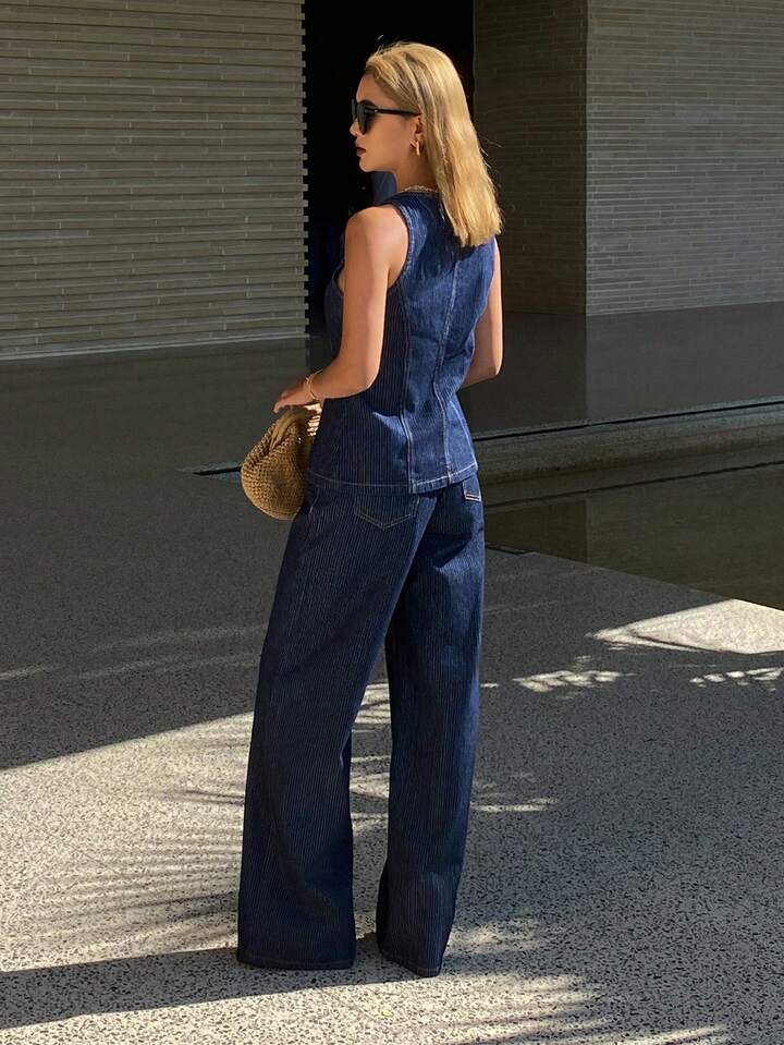 CM-SS479498 Women Elegant Seoul Style Square Neck Sleeveless Denim Crop Top With Long Pants - Set