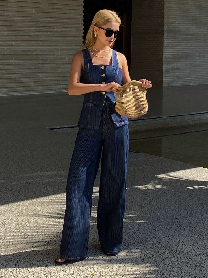 CM-SS479498 Women Elegant Seoul Style Square Neck Sleeveless Denim Crop Top With Long Pants - Set