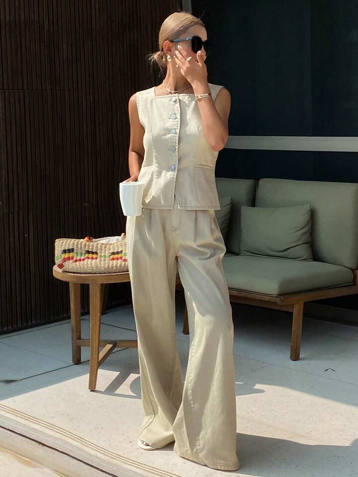 CM-SS115464 Women Casual Seoul Style Square Neck Sleeveless Fitted Denim Tank Top With Long Pants - Set