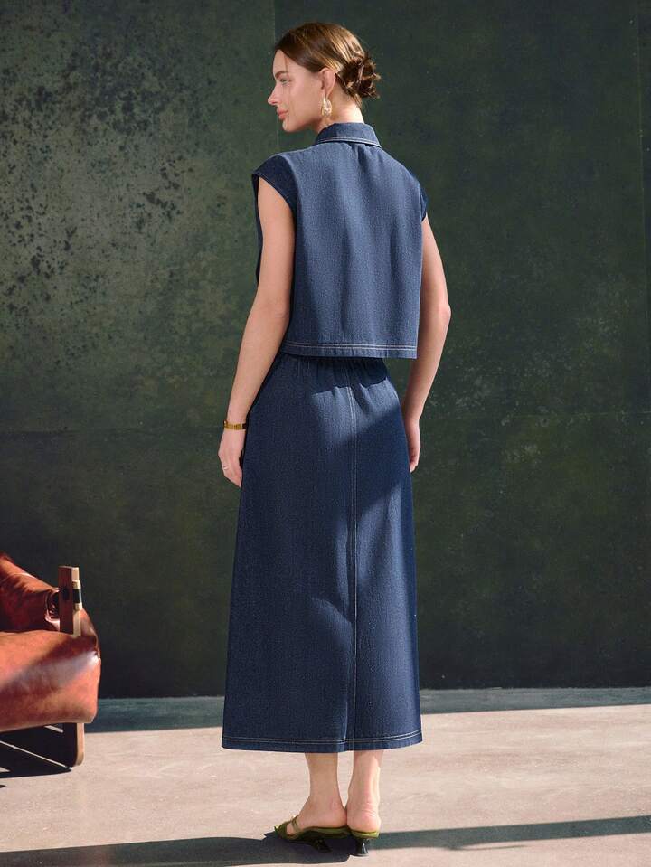 CM-SS956418 Women Elegant Seoul Style Collar Neckline Raglan Sleeve Denim Top With Mid-Length Skirt - Set