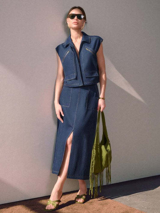 CM-SS956418 Women Elegant Seoul Style Collar Neckline Raglan Sleeve Denim Top With Mid-Length Skirt - Set