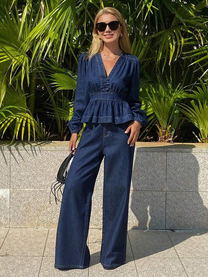 CM-SS213574 Women Elegant Seoul Style V-Neck Long Sleeve Denim Top With Flare Jeans - Set