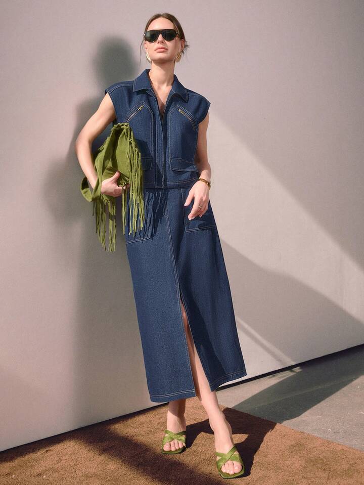 CM-SS956418 Women Elegant Seoul Style Collar Neckline Raglan Sleeve Denim Top With Mid-Length Skirt - Set