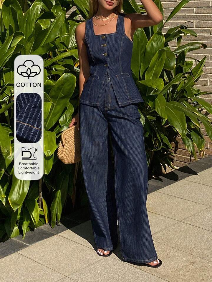 CM-SS479498 Women Elegant Seoul Style Square Neck Sleeveless Denim Crop Top With Long Pants - Set
