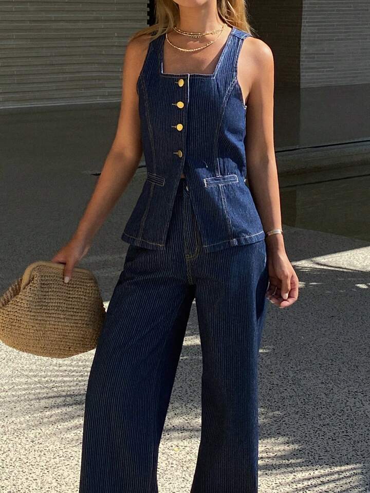 CM-SS479498 Women Elegant Seoul Style Square Neck Sleeveless Denim Crop Top With Long Pants - Set