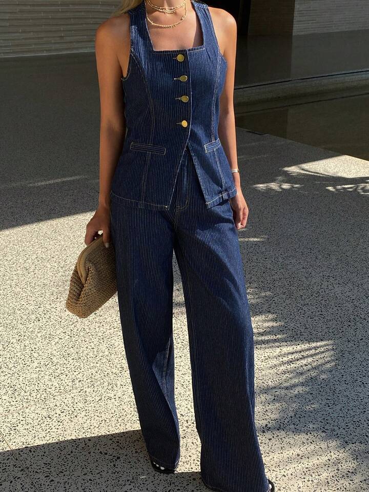 CM-SS479498 Women Elegant Seoul Style Square Neck Sleeveless Denim Crop Top With Long Pants - Set