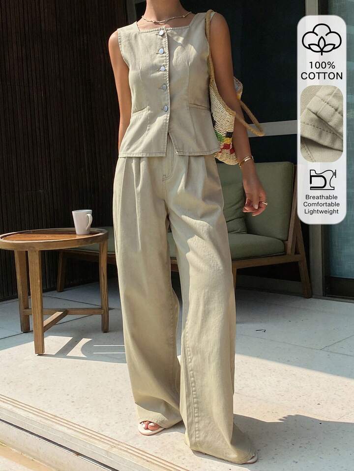 CM-SS115464 Women Casual Seoul Style Square Neck Sleeveless Fitted Denim Tank Top With Long Pants - Set