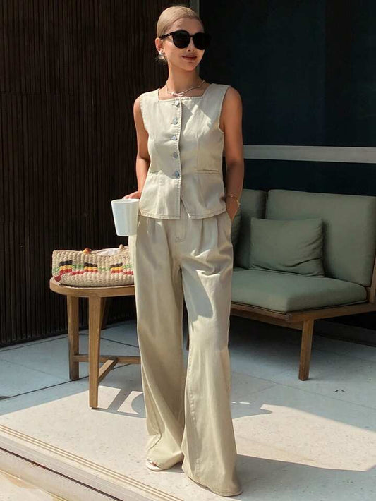 CM-SS115464 Women Casual Seoul Style Square Neck Sleeveless Fitted Denim Tank Top With Long Pants - Set