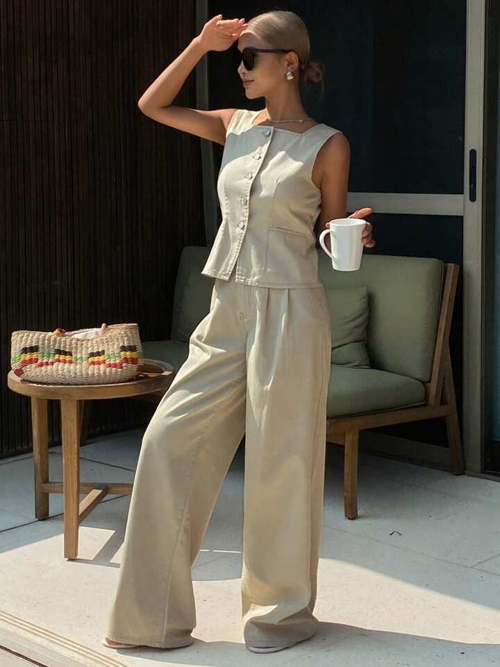 CM-SS115464 Women Casual Seoul Style Square Neck Sleeveless Fitted Denim Tank Top With Long Pants - Set
