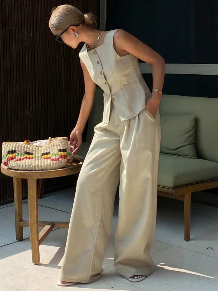 CM-SS115464 Women Casual Seoul Style Square Neck Sleeveless Fitted Denim Tank Top With Long Pants - Set