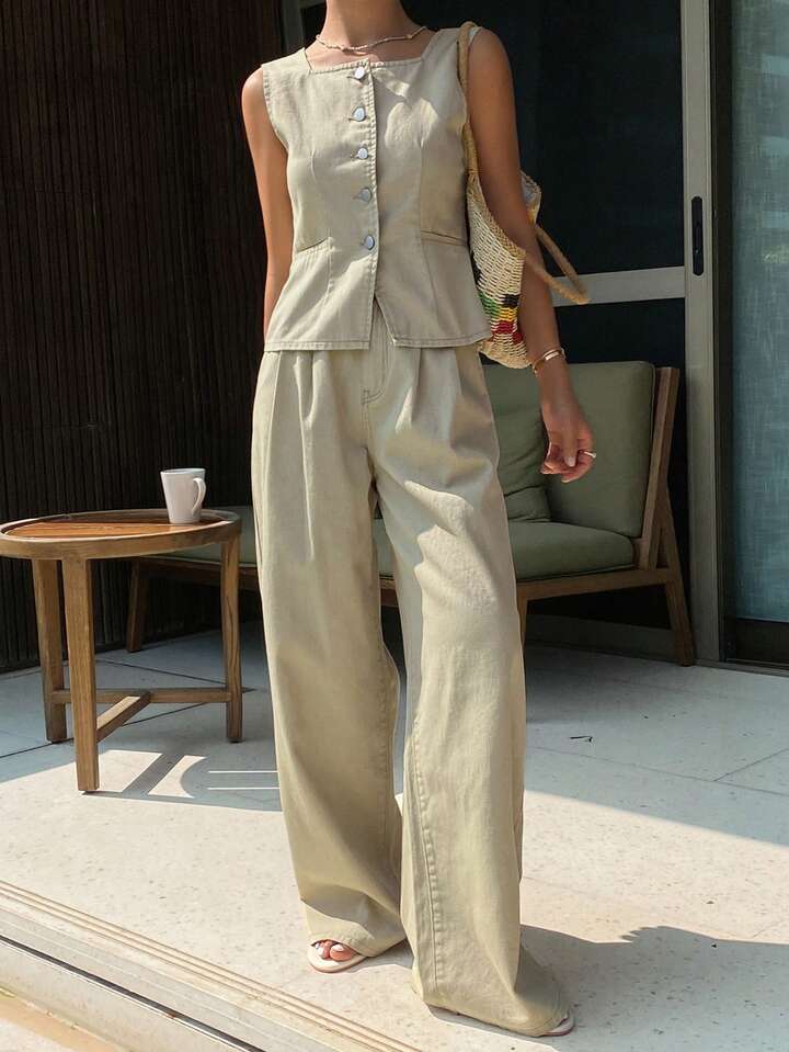 CM-SS115464 Women Casual Seoul Style Square Neck Sleeveless Fitted Denim Tank Top With Long Pants - Set