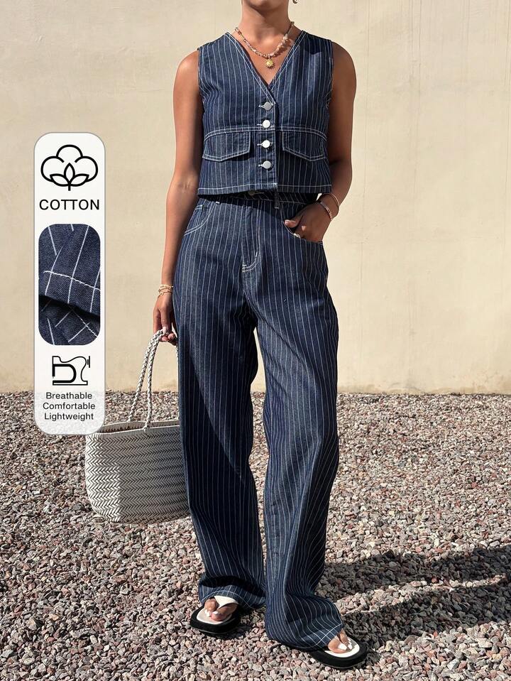 CM-SS585504 Women Casual SeouL Style Striped Sleeveless V-Neck Button Front Denim Vest With Pants - Set
