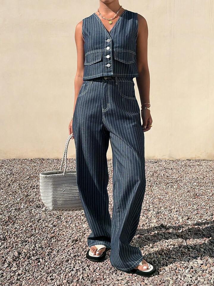 CM-SS585504 Women Casual SeouL Style Striped Sleeveless V-Neck Button Front Denim Vest With Pants - Set