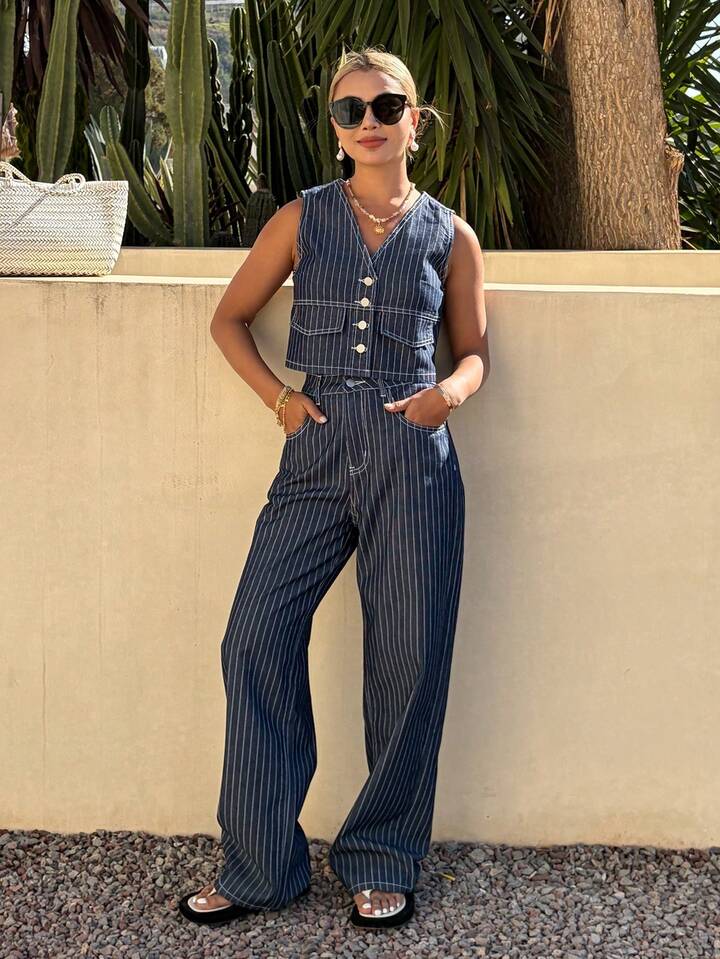 CM-SS585504 Women Casual SeouL Style Striped Sleeveless V-Neck Button Front Denim Vest With Pants - Set