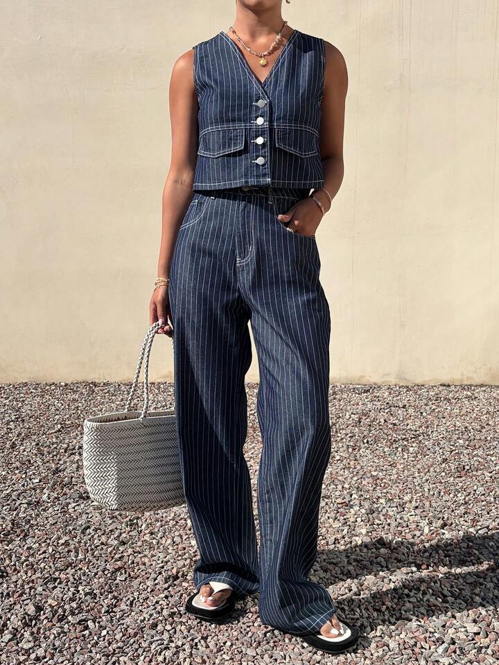CM-SS585504 Women Casual SeouL Style Striped Sleeveless V-Neck Button Front Denim Vest With Pants - Set