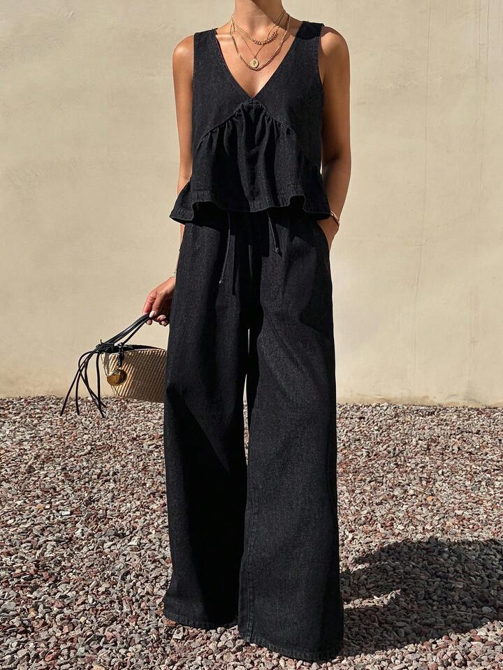 CM-SS681927 Women Casual Seoul Style V--Neck Sleeveless Denim Tank Top With Long Pants - Set