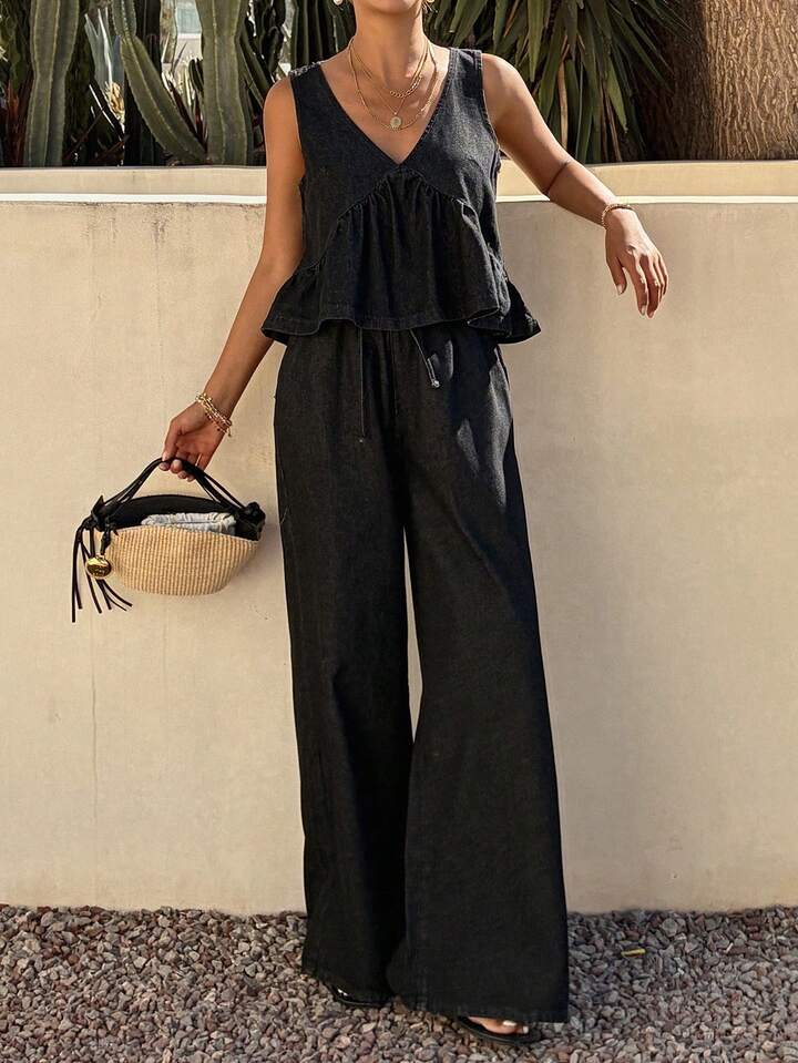 CM-SS681927 Women Casual Seoul Style V--Neck Sleeveless Denim Tank Top With Long Pants - Set