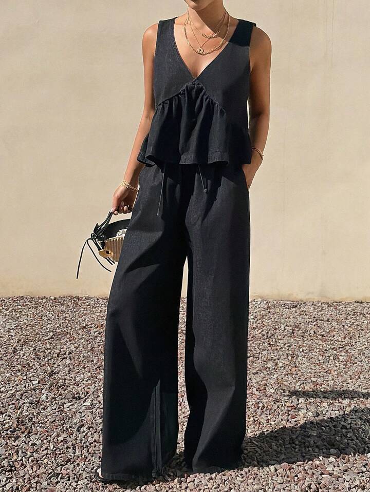 CM-SS681927 Women Casual Seoul Style V--Neck Sleeveless Denim Tank Top With Long Pants - Set