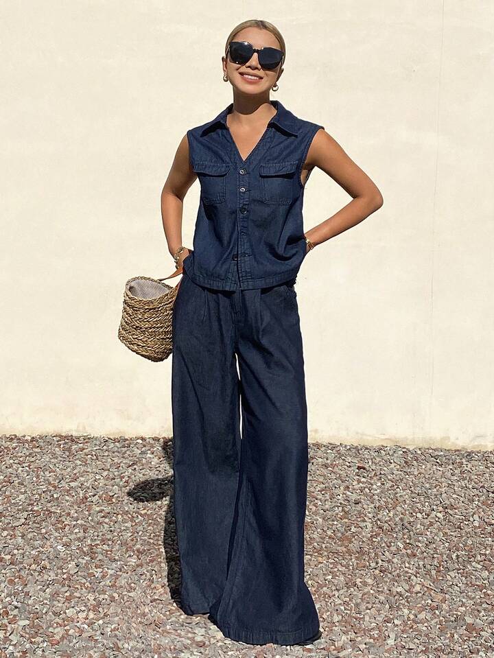 CM-SS948016 Women Casual Seoul Style Sleeveless Big Pocket Denim Vest With Loose Straight Leg Jeans - Set