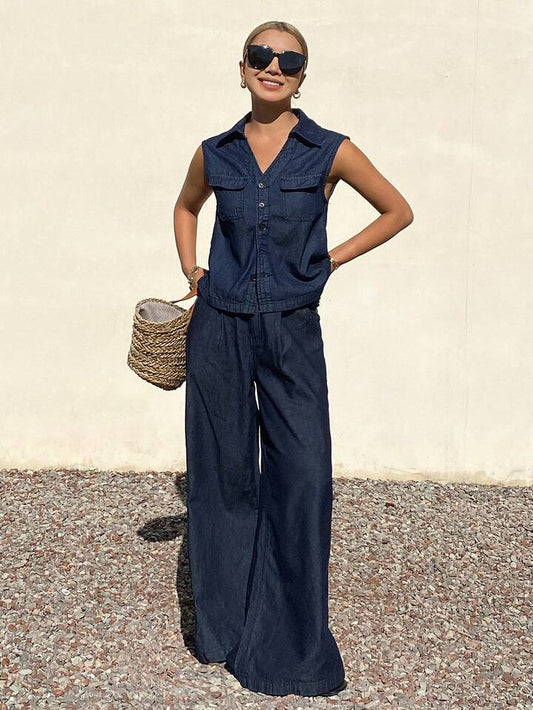 CM-SS948016 Women Casual Seoul Style Sleeveless Big Pocket Denim Vest With Loose Straight Leg Jeans - Set