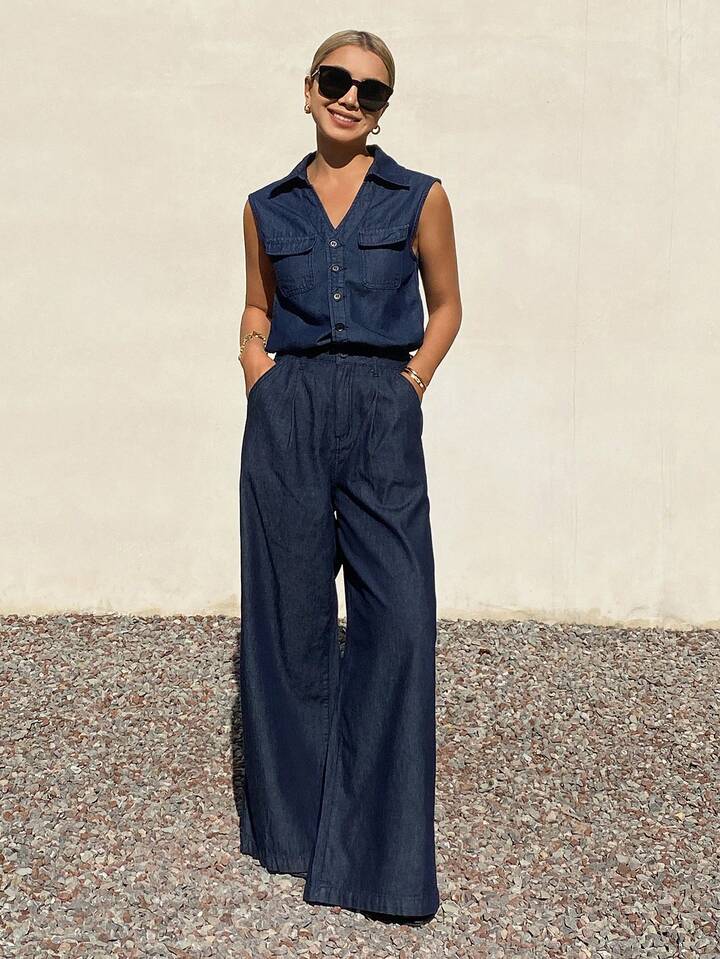 CM-SS948016 Women Casual Seoul Style Sleeveless Big Pocket Denim Vest With Loose Straight Leg Jeans - Set