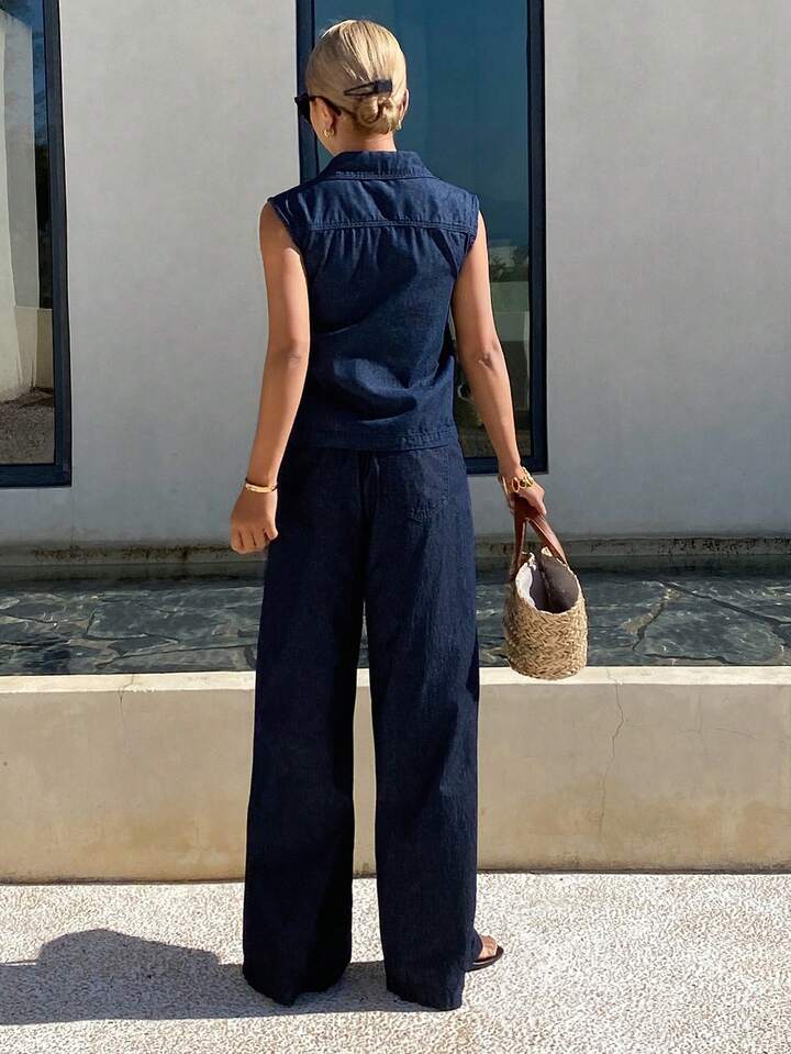 CM-SS948016 Women Casual Seoul Style Sleeveless Big Pocket Denim Vest With Loose Straight Leg Jeans - Set