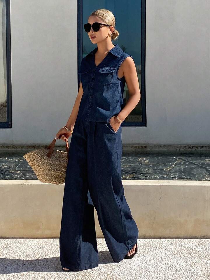 CM-SS948016 Women Casual Seoul Style Sleeveless Big Pocket Denim Vest With Loose Straight Leg Jeans - Set