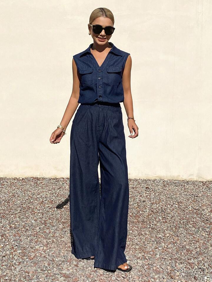CM-SS948016 Women Casual Seoul Style Sleeveless Big Pocket Denim Vest With Loose Straight Leg Jeans - Set