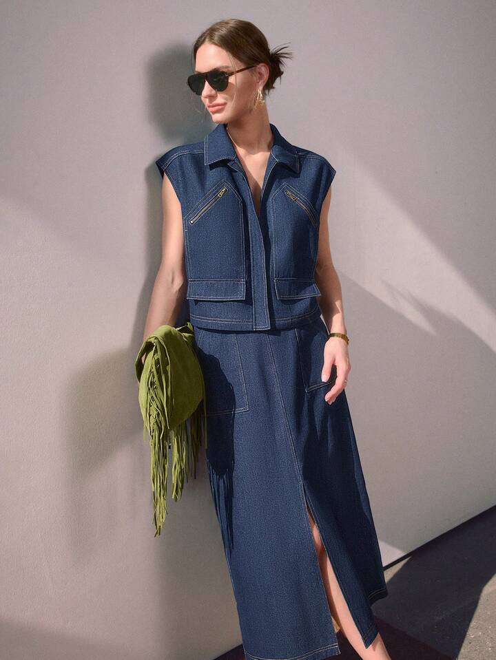 CM-SS956418 Women Elegant Seoul Style Collar Neckline Raglan Sleeve Denim Top With Mid-Length Skirt - Set