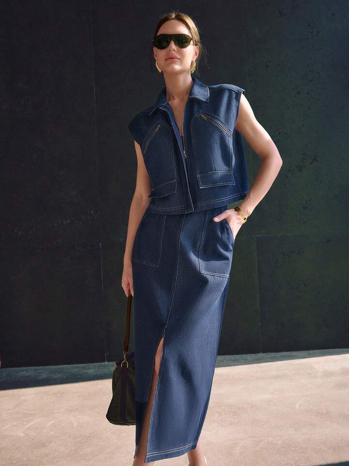 CM-SS956418 Women Elegant Seoul Style Collar Neckline Raglan Sleeve Denim Top With Mid-Length Skirt - Set