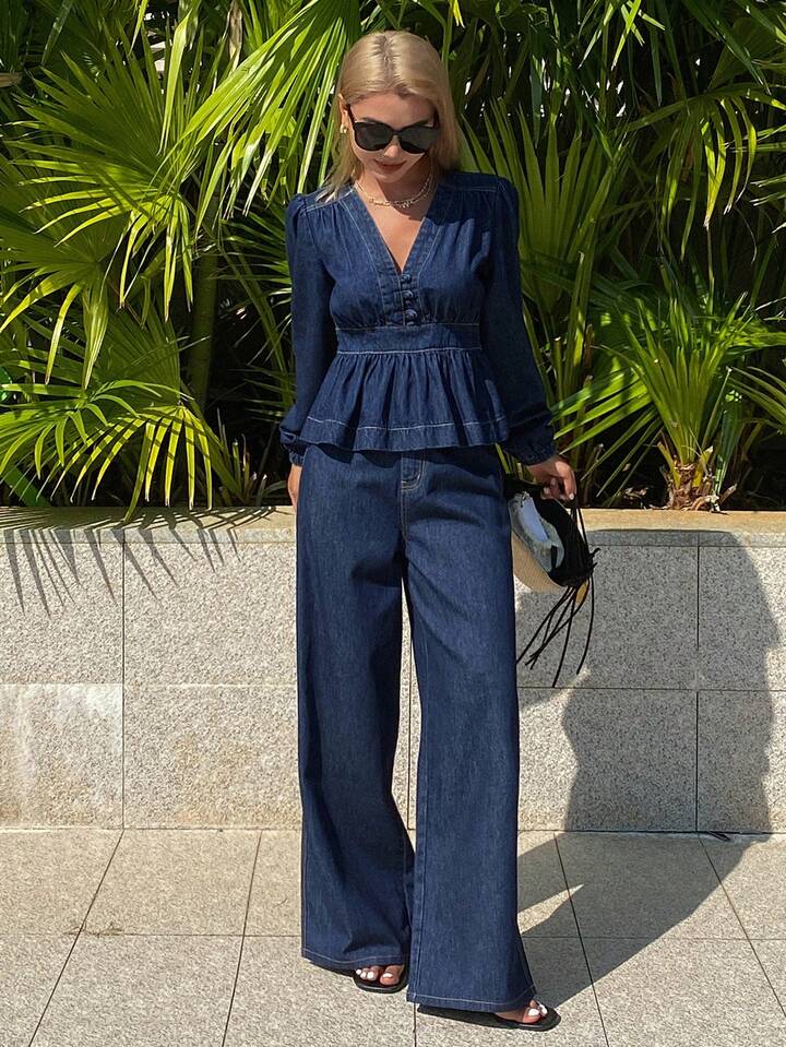 CM-SS213574 Women Elegant Seoul Style V-Neck Long Sleeve Denim Top With Flare Jeans - Set