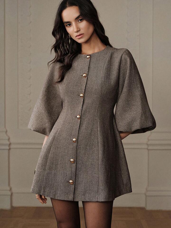 CM-DS176115 Women Elegant Seoul Style Round Neck Lantern Sleeve Single-Breasted Herringbone Knit Dress - Apricot
