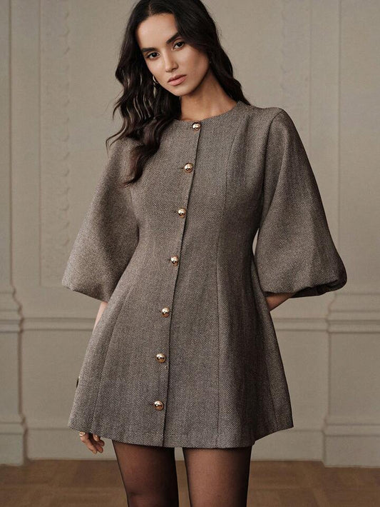 CM-DS176115 Women Elegant Seoul Style Round Neck Lantern Sleeve Single-Breasted Herringbone Knit Dress - Apricot