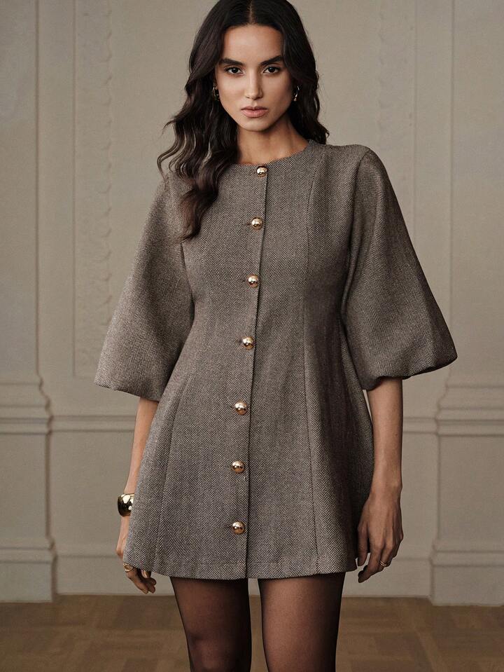 CM-DS176115 Women Elegant Seoul Style Round Neck Lantern Sleeve Single-Breasted Herringbone Knit Dress - Apricot