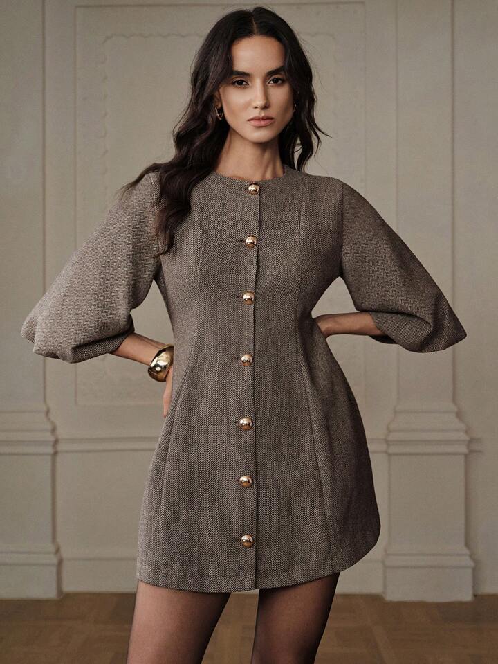 CM-DS176115 Women Elegant Seoul Style Round Neck Lantern Sleeve Single-Breasted Herringbone Knit Dress - Apricot